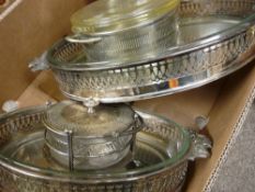 Two electroplate food servers with glass liners, an electroplate jam dish with glass liner and lid