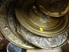 Box of brass chargers etc