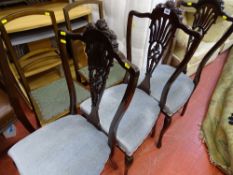 Three lyre back and carved chairs with blue/grey upholstered seats