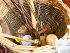 Wicker basket containing darning reels and similar items