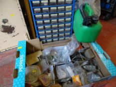 Box of fittings along with a multi-drawer chest with screws, nuts and bolts contents