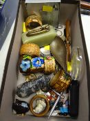 Box of mixed collectables including commemorative coins, onyx table lighter, jubilee coasters etc