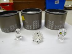 Three boxed Swarovski glass animals - owl, hedgehog & duckling (A/F)