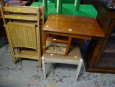 Parcel of furniture to include four folding chairs, rush topped stool etc