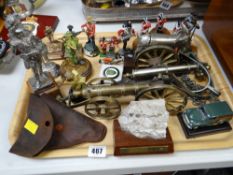 Tray of various military collectables including brass cannon, military figures, mounted section of