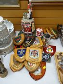 Collection of military coats of arms, Royal Regiment of Welsh placements, tray, drum, ice bucket,