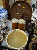 Carved wooden Chinese tray, pair of wooden bookends, bongo drums etc