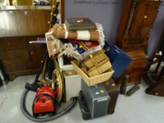 A parcel of items including vintage suitcase, document boxes, rugs, Panasonic vacuum cleaner etc E/