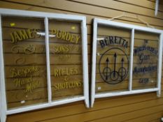 Two vintage sash windows with advertising for rifles & shotguns