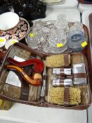 Vintage glass dressing table set, cased men's grooming set, cased smoker's pipe