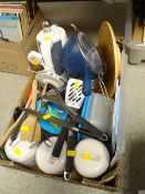 Crate of various household items including storage vessels, sieves, electric kettle etc E/T