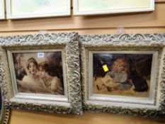 Two vintage oiliographs - young girl with cat & two females reading