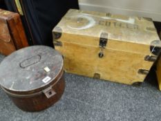 Circular metal hat tin & wooden travel box with handles