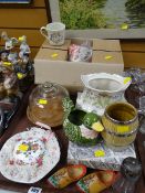 Tray of various ornaments including boxed Royal Doulton 'Bredon Hill' teaware, glass cheese dome