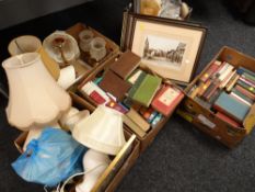 Two boxes of various hardback books, collection of various table lamps, framed pastel & prints E/T