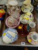 Tray of various cups & saucers including two Royal Crown Derby 'Olde Avesbury' pattern