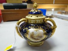 Coalport tri-handled gilt & cobalt potpourri vase with painted cartouche believed of Loch Earn