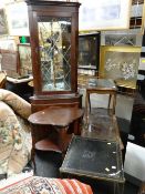 A modern mahogany effect mirror backed standing corner cupboard together with a square brass two-