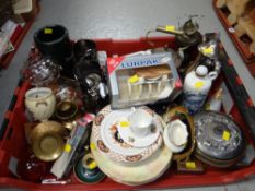 Crate of various china & metalware including boxed Lurpak toast rack, EPNS