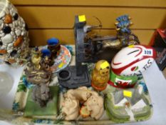 Tray of various ornaments including Wales Rugby Ball money box, Celtic Cross votive candle,