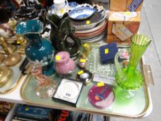 Tray of various collectables including paperweights, glass vase, green glass jug etc
