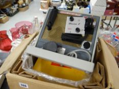 Box of vintage camera equipment together with a vintage projector & screen