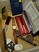 Box of various collectables including Parker fountain pen, propelling pencil, commemorative coins,