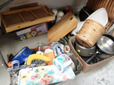Large parcel of various kitchen ware including saucepans, storage jars, china etc