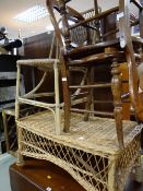 A parcel of furniture to include a wicker coffee table & chair together with a pair of antique