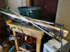 A large wooden work bench with vice