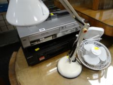A Sony & a Panasonic DVD / CD player, anglepoise lamp & table fan E/T