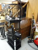 A vintage drop down bureau, bird cage & TV stand