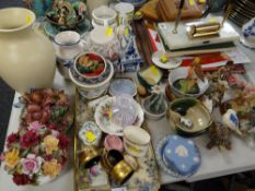 Collection of mixed china & ornaments including Royal Doulton Toby Jug, Wedgwood blue & white