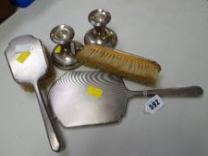 A hallmarked silver Walker & Hall engine turned decorated part-dressing table set together with a