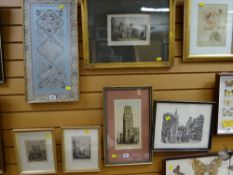 Signed coloured etching, continental church tower, two framed topographical prints of York & Bristol