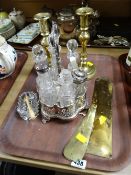 Brass candlesticks, EPNS & glass condiment stand etc