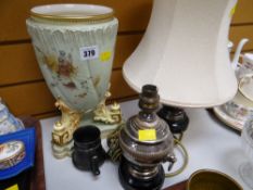 A pair of small EPNS lion head table lamps together with a Royal Worcester 'Green Blush' urn E/T