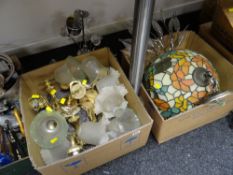 Collection of various light fittings including a Tiffany-style ceiling light, wall lights & shades