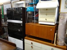 A parcel of furniture to include smoky glass door lounge unit, chrome stools, vintage chest of
