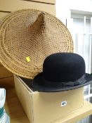 A vintage Austin Reed bowler hat & two Chinese wicker field workers hats