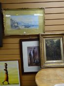 A framed continental watercolour together with two modern prints and an oil on board of a waterfall