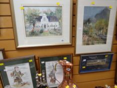 A framed continental mixed media of woodland, framed mountain cottage together with a framed