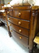 Early twentieth century bow fronted mahogany veneered chest of drawers, two short above three long