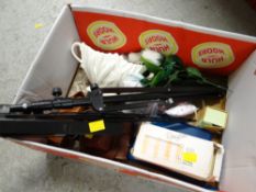 Box of various collectables including folding music stand, vintage camera etc