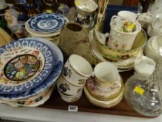 Tray of various china & glassware, commemorative plates, ramekins etc