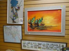 A framed Oriental oil on canvas of Chinese junks, framed map of Hong Kong, MABEL LUCIE ATWELL