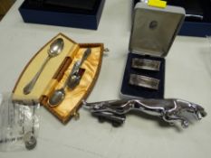 Jaguar car mascot, cased pair of sterling silver napkin rings, silver teaspoon etc