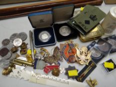A parcel of mainly military collectables including badges, commemorative coins, Queen Mary, WWI
