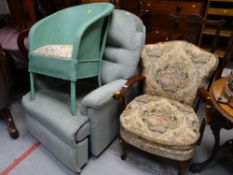 An electric recliner chair together with a vintage upholstered arm chair & loom-style bedroom