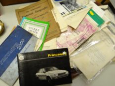 A tray of various ephemera including Austin Princess Triumph 2000 owner's manuals, theatre
